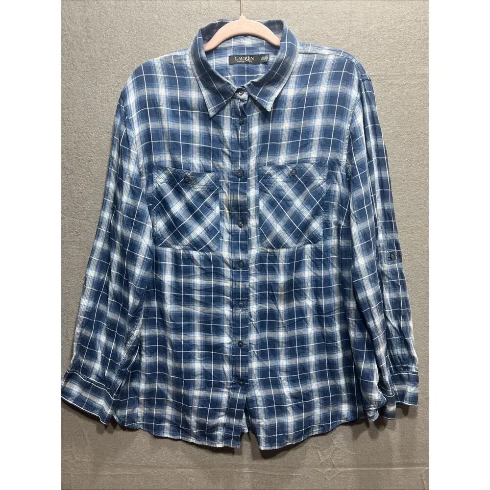 Lauren Ralph Lauren Black Label Plaid Cotton Twill Shirt Blue Womens Size 2X - Picture 4 of 14